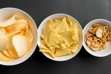Salty snacks. Pretzels, chips, crackers