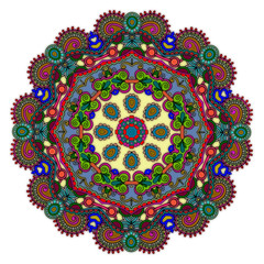 Circular intricate design using many multi-colors.  Darker border area with lighter center.