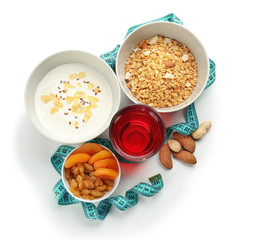 Composition with tasty yogurt on white background