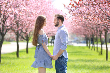 Young lovely couple walking in spring park