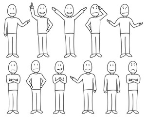 Figures in poses depicting various moods and emotions in a hand drawn cartoon style. Figures are individually isolated and white filled. Male character set.