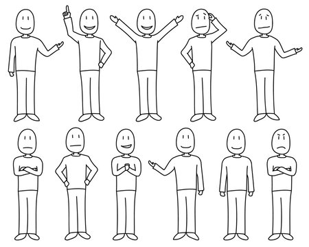 Figures In Poses Depicting Various Moods And Emotions In A Hand Drawn Cartoon Style. Figures Are Individually Isolated And White Filled. Male Character Set.