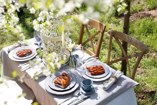 Table setting and cage with flowers in garden