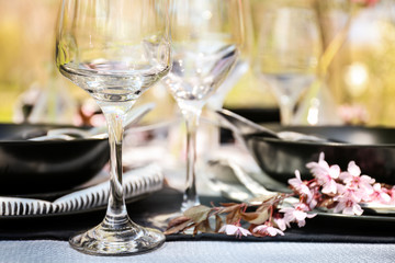 Wine glass on served festive table, closeup