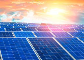 Solar energy panels scene at sunset