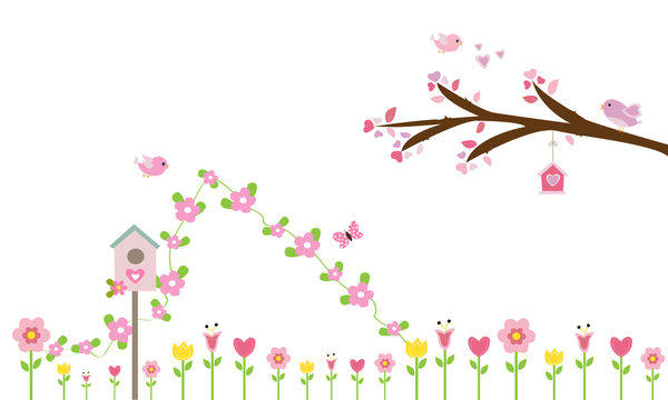 Rama de árbol con flores rosas y nido 1.