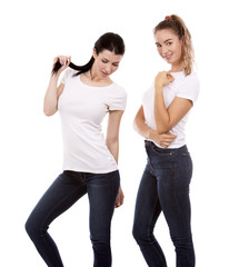 two female friends on white background