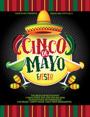 Cinco De Mayo lettering and sombrero for celebration of the Mexican holiday on the fifth (Cinco) of May (Mayo). AI 10 vector.