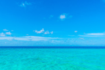 White clouds with blue sky over calm sea  in tropical Maldives island .