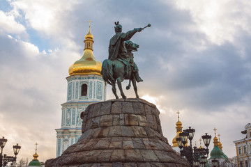 Bohdan Khmelnytsky Monument, Saint Sophia Cathedral, view from Sophia square. Kiev, Ukraine