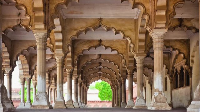 Decorative and ornate arches in The Hall of Public Audience at Agra Fort in Uttar Pradesh, India