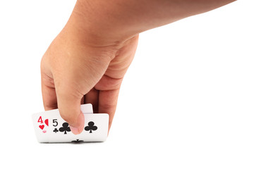 Close up of man hand opening a poker cards from table. isolated on white background with clipping path