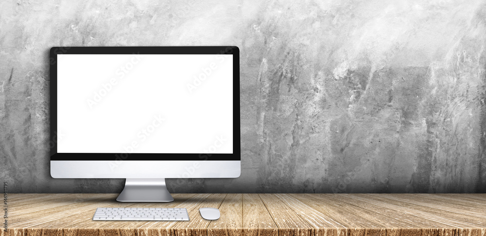 Wall mural desktop computer,keyboard,mouse on wood plank table top grey grunge concrete wall background,mock up