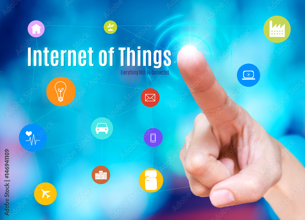 Poster finger point to internet of things (iot) word with features icon link network together on blue abstr