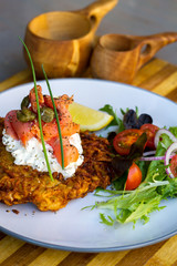 Latke with Salmon and Salad