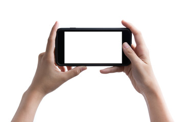 Woman hand holding the black smartphone with blank screen