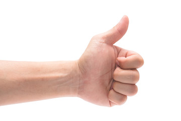 adult man hand thumb up, isolated on white background