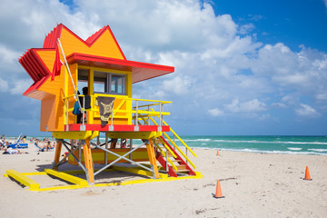 USA. FLORIDA. MIAMI BEACH, APRIL,2017: Miami Beach in South Beach with new lifeguard tower and...