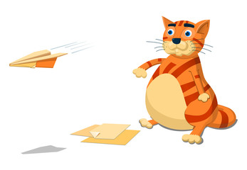 Illustration of a cat making and throwing paper planes. Funny fat domestic cat playing. Simple vector illustration