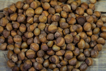 Group hazelnuts in shell on a wooden background