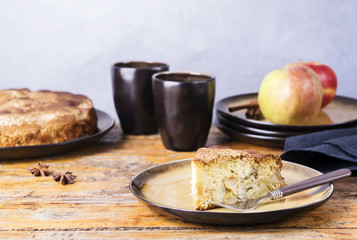 Piece of homemade apple pie, sponge cake 