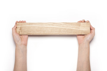 woman hand hold a wood board isolated white.