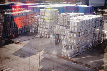 Interior warehouse. pallets with bottles stand in rows stock