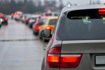 Car traffic jam queue intensive traffic hours.