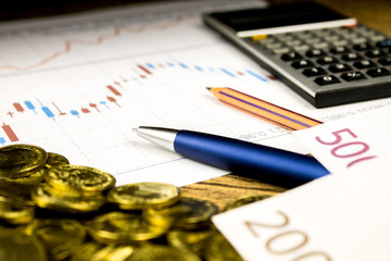 calculator,pencil and money on graffica the Dow Jones