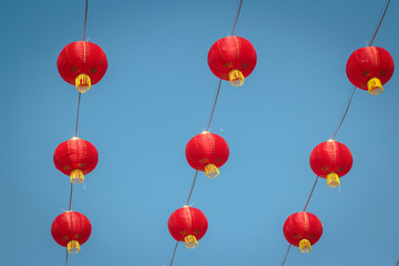 Chinese red paper lantern or lamp decoration as ceiling for Chinese New Year Festival. Blue sky.