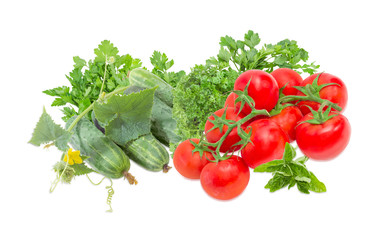 Cucumbers with stem, branches of the tomatoes and greens