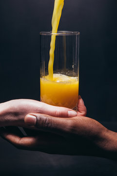 Hand Black White Glass Juice Orange Health Energy Contrast International Relationship Couple Concept