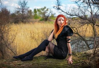 Elf woman with fiery hair on a log. Beautiful young fantasy style girl. Cosplay character