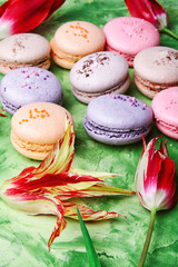 Colorful macaroons and flowers