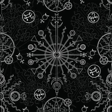 Seamless background with white mystic symbols on black. Hand drawn vector illustration