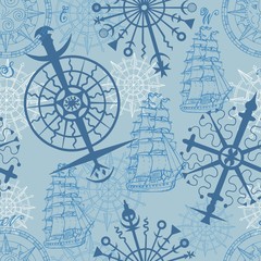 Sea seamless background with marine symbols and ships. Hand drawn vector illustration