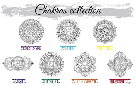 Collection with hand drawn charkas and colorful lettering. Hand drawn vector illustration