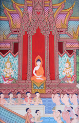 Masterpiece of traditional Thai style painting art old about Buddha story on temple wall at Watphao in Bangkok, Thailand.