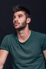 handsome man portrait, head face closeup, looking up above