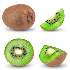 Ripe whole kiwi fruit and half kiwi fruit isolated on white background