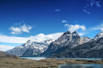 The Torres del Paine cordillera and some of its lakes in the foreground. The park is Chile's most famous.