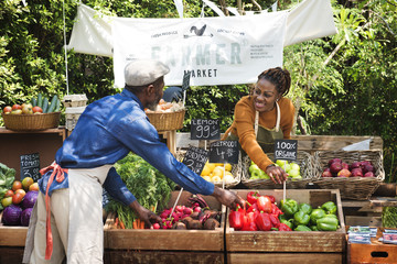 Greengrocer preparing organic fresh agricultural product at farmer market - obrazy, fototapety, plakaty