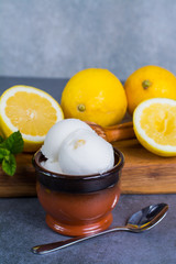 Lemon ice cream sorbet served for dessert with mint leaves and lemons