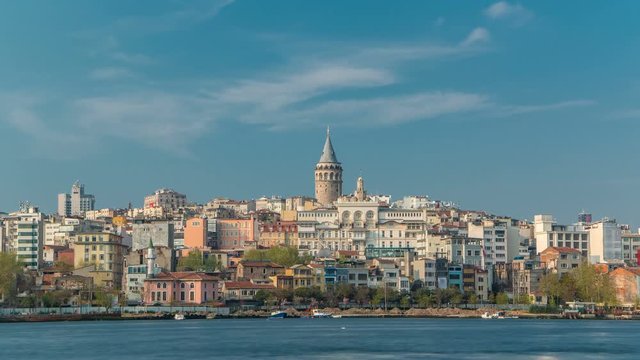 Beyoglu district historic architecture and Galata tower medieval landmark timelapse in Istanbul, Turkey