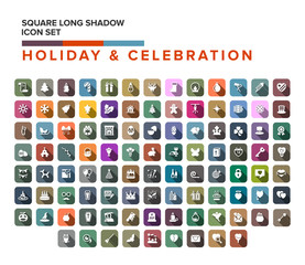 holiday celebration Flat Icons . Vector Illustration. Happy Holiday. Collection of square Items with Long Shadow.