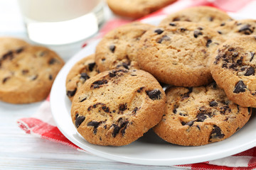 Chocolate chip cookies in plate on white wooden table