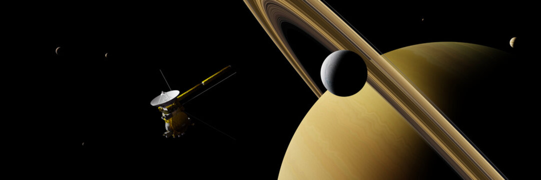 Saturn's moon Enceladus and spacecraft Cassini&ndash;Huygens in front of planet Saturn, rings and other moons, background banner
