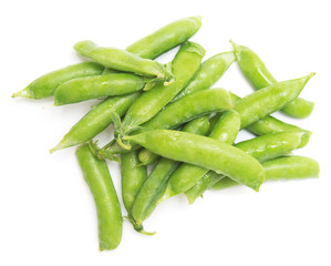 Fresh green peas isolated on white background. Flat lay, top view