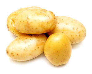 Group of young potatoes isolated on white background. Harvest new. Flat lay, top view