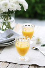 Summer breakfast in garden: orange juice
